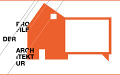 Schriftzug Profile der Architektur mit orange-weißem skizzierten Haus