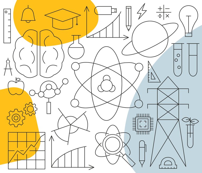 Eine Grafik zeigt diverse mathematische Symbole wie Lineal, Stift, Reagenzglas, Gehirn u.v.m.