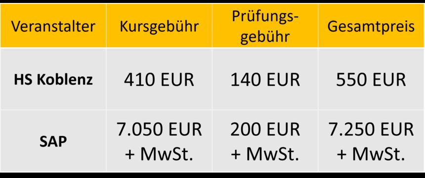 Kostenübersicht SAP Kurs