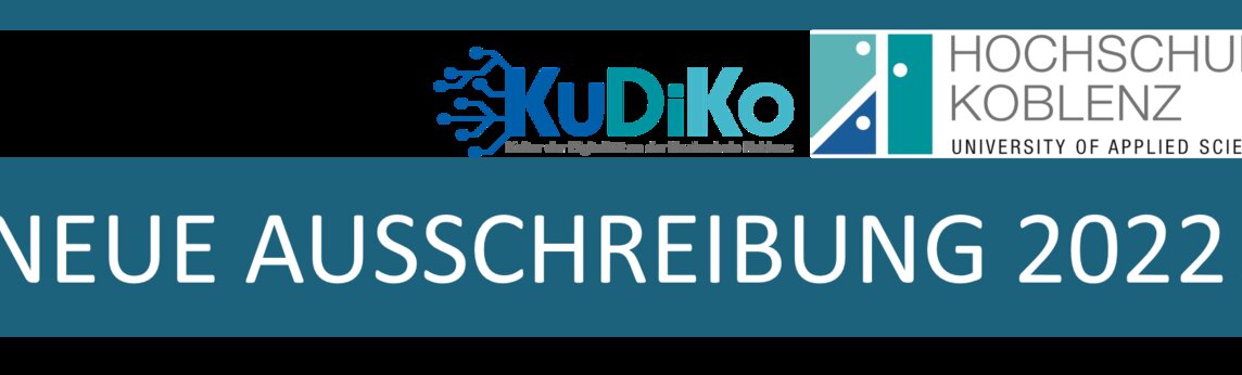 Textbanner: Neue Ausschreibung 2022! mit Logos der Hochschule Koblenz und des Projektes KuDiKo